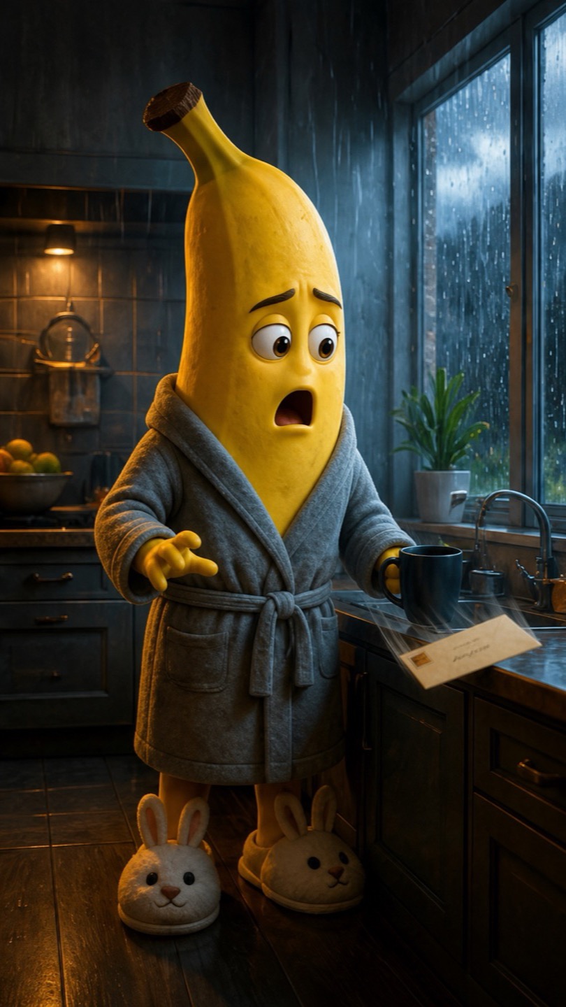 Banana character discovering a mysterious letter in a short fruit story frame
