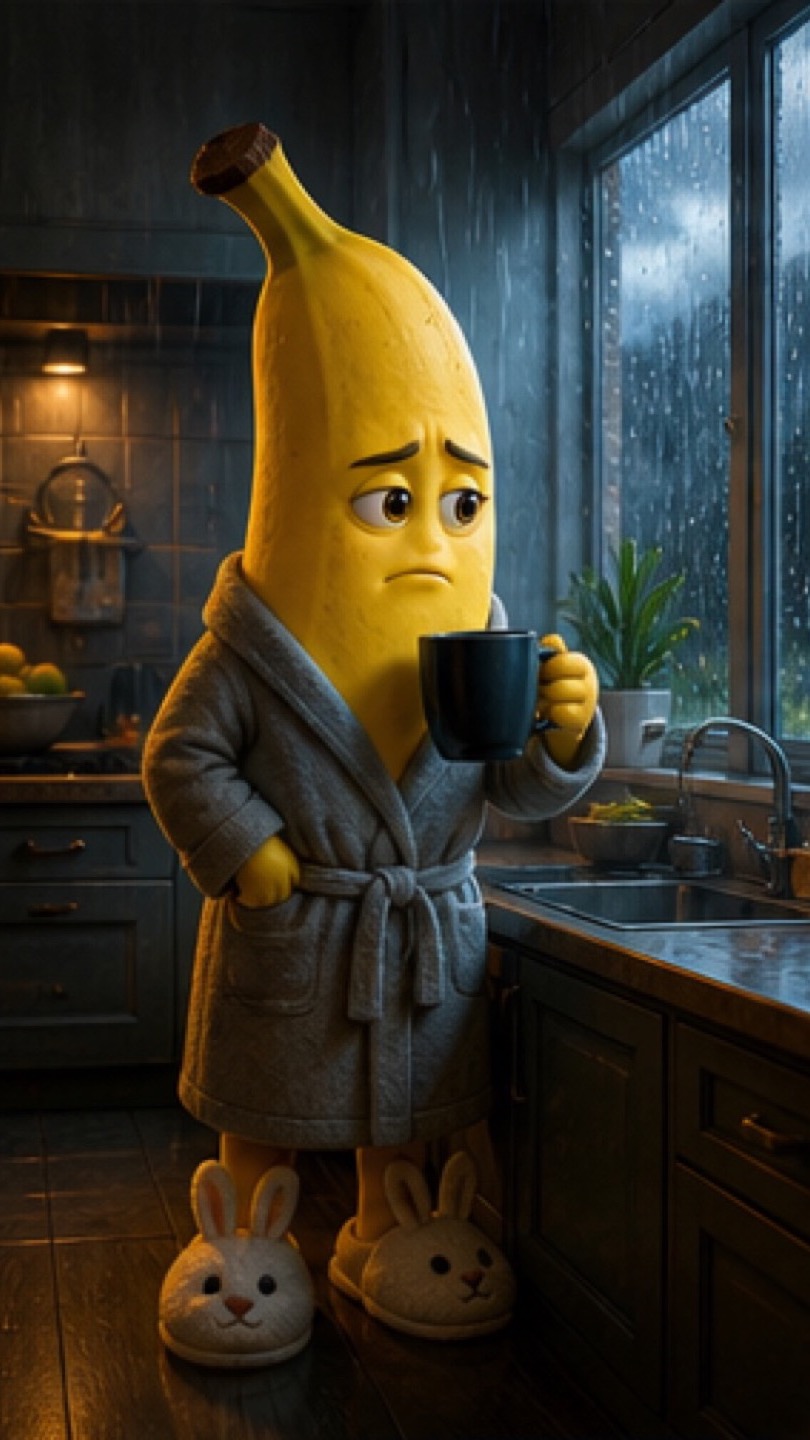 Original banana character waiting in a rainy kitchen as a reference frame