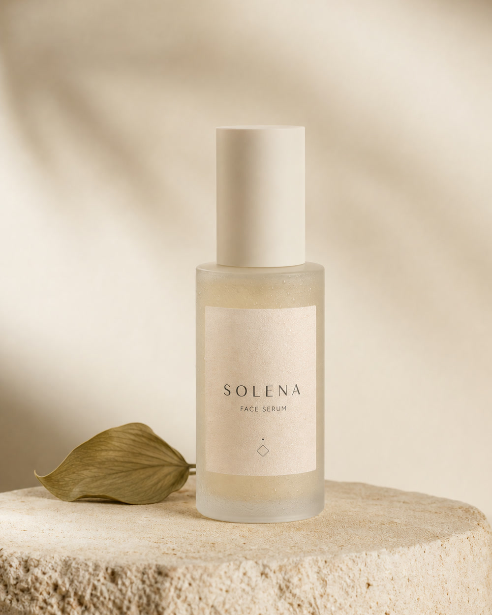 Fictional Solena skincare bottle used as the product photo input