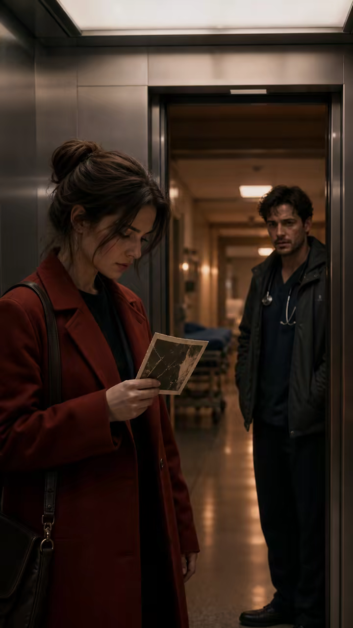 Storyboard reference: a journalist notices the matching red envelope in a hospital elevator.