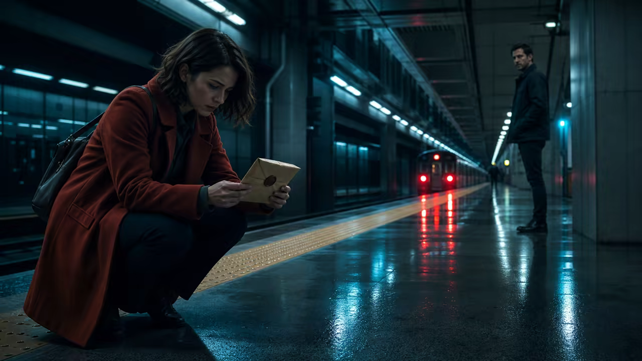 Storyboard reference: one clue, one turn, and a final suspense reaction on an empty subway platform.